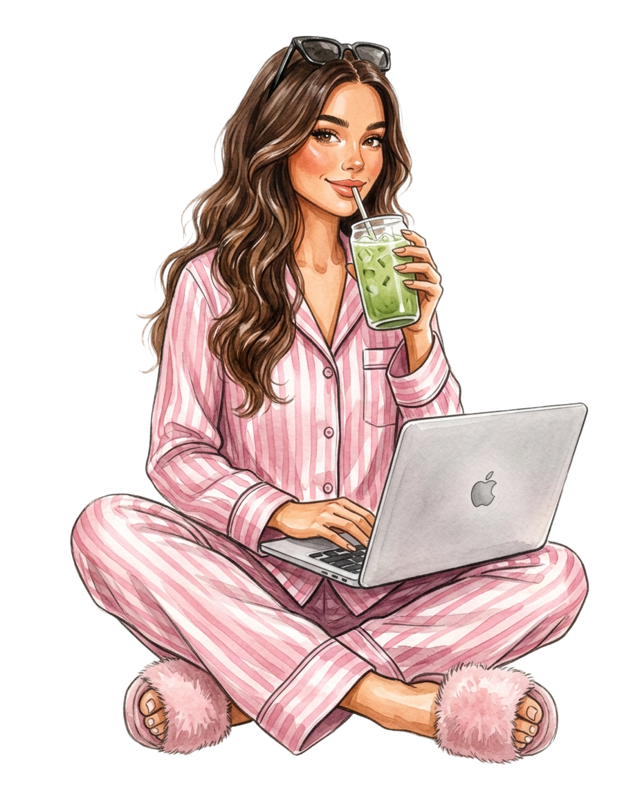 Sarah in striped pajamas with a matcha and MacBook